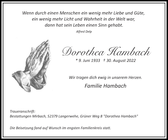 Traueranzeige von Dorothea Hambach von Zeitung am Sonntag