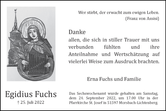 Traueranzeige von Egidius Fuchs von Zeitung am Sonntag