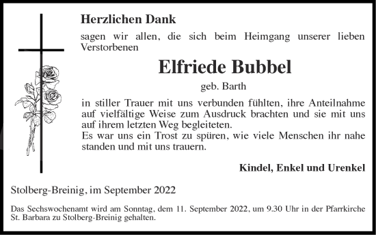 Traueranzeige von Elfriede Bubbel von Zeitung am Sonntag