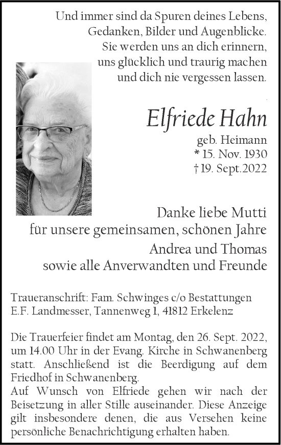 Traueranzeige von Elfriede Hahn von Zeitung am Sonntag