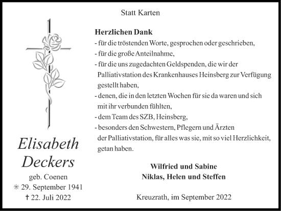 Traueranzeige von Elisabeth Deckers von Zeitung am Sonntag