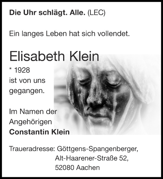 Traueranzeige von Elisabeth Klein von Aachener Zeitung / Aachener Nachrichten