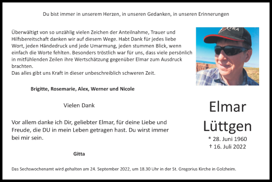 Traueranzeige von Elmar Lüttgen von Zeitung am Sonntag