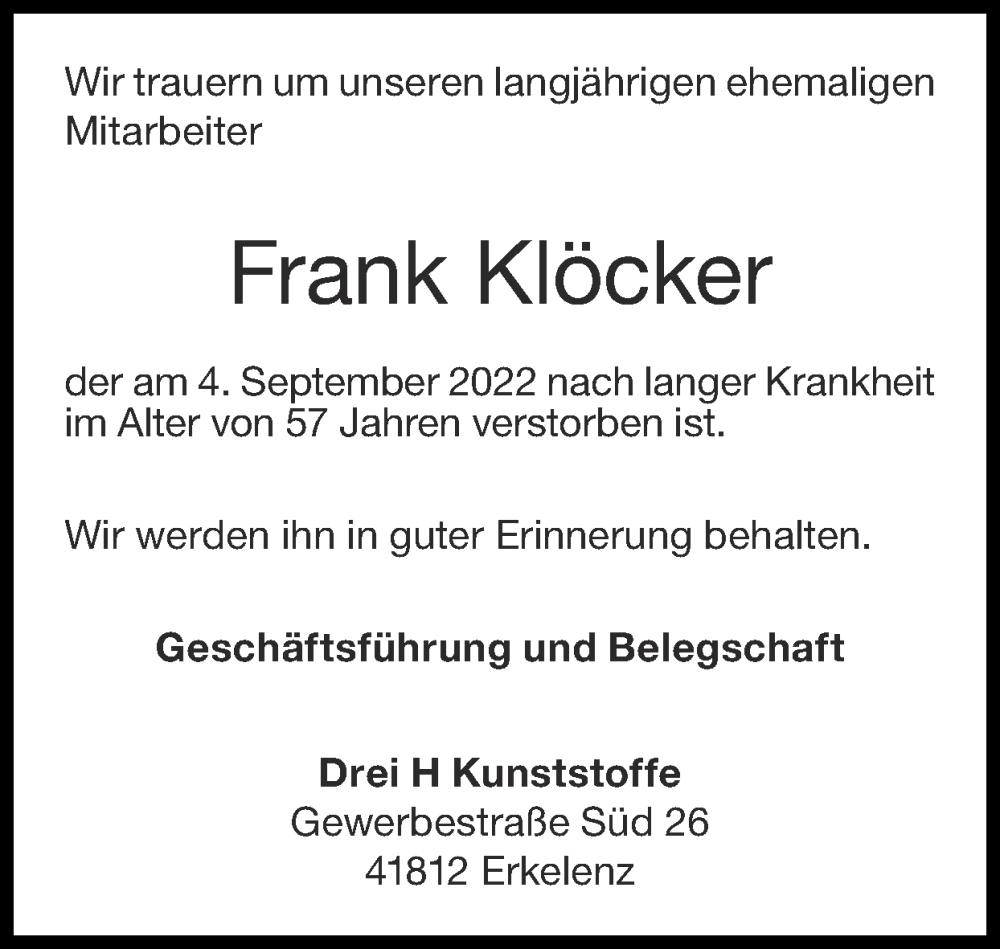  Traueranzeige für Frank Klöcker vom 11.09.2022 aus Zeitung am Sonntag