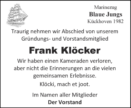 Traueranzeige von Frank Klöcker von Zeitung am Sonntag