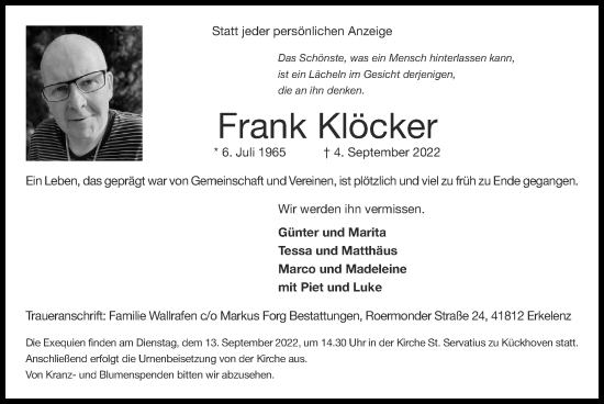 Traueranzeige von Frank Klöcker von Zeitung am Sonntag