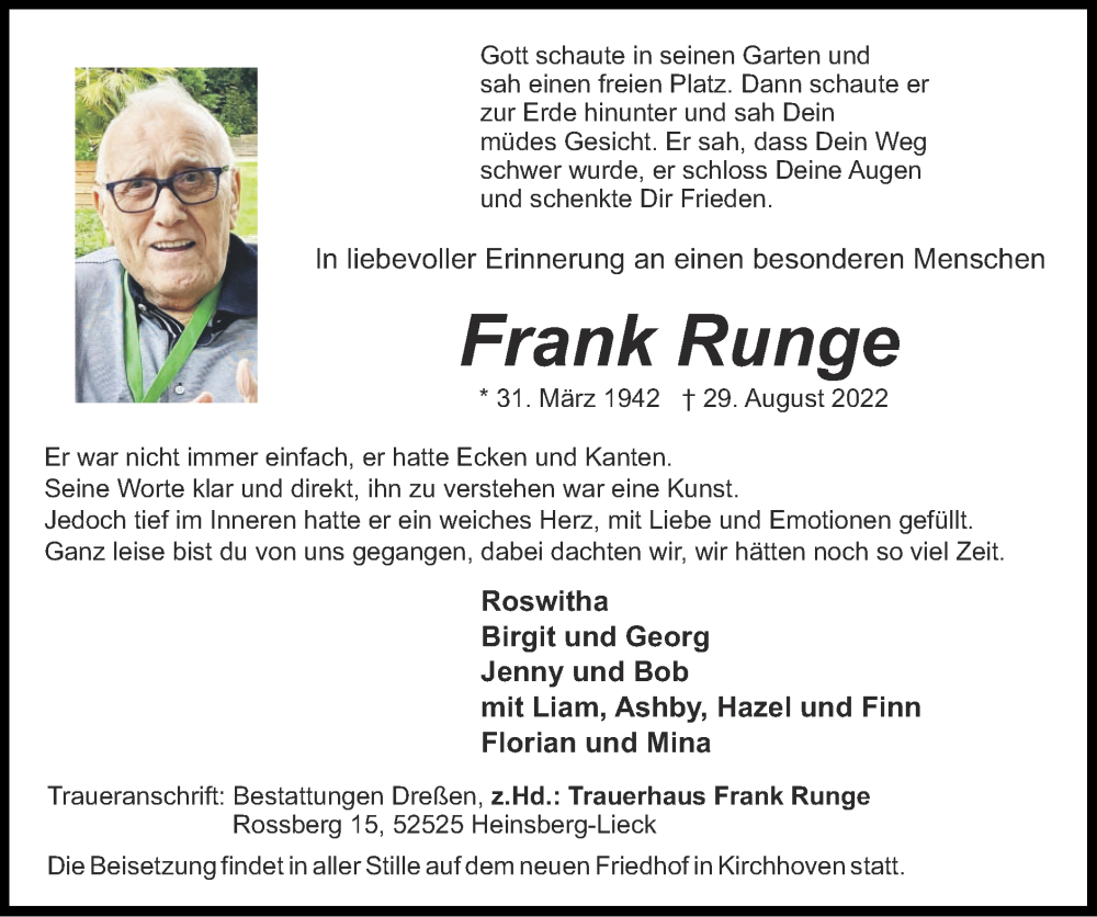  Traueranzeige für Frank Runge vom 11.09.2022 aus Zeitung am Sonntag