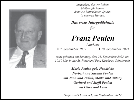 Traueranzeige von Franz Peulen von Zeitung am Sonntag