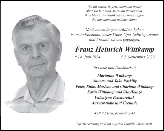 Traueranzeige von Franz Heinrich Wittkamp von Aachener Zeitung / Aachener Nachrichten