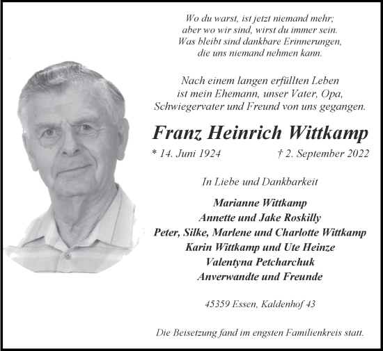 Traueranzeige von Franz Heinrich Wittkamp von Zeitung am Sonntag