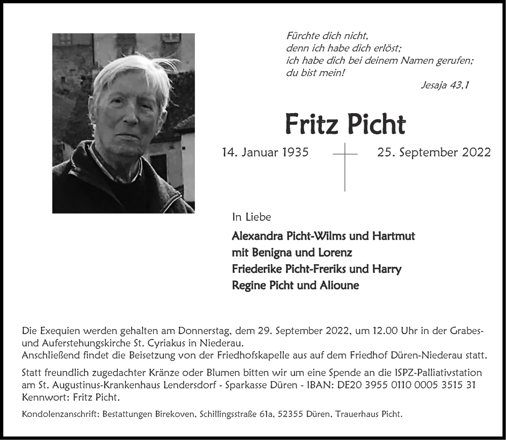  Traueranzeige für Fritz Picht vom 27.09.2022 aus Aachener Zeitung / Aachener Nachrichten