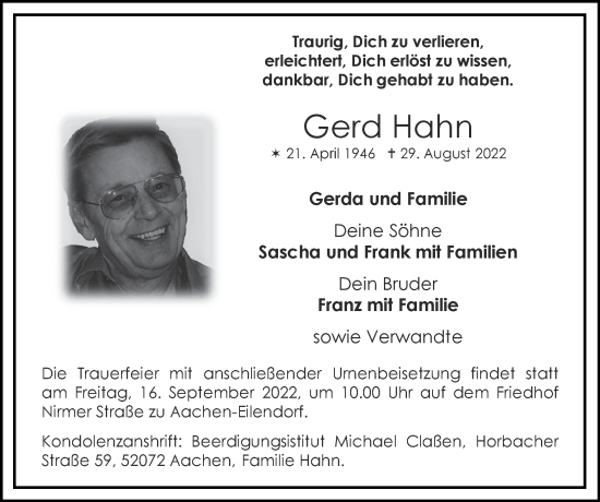 Traueranzeige von Gerd Hahn von Zeitung am Sonntag