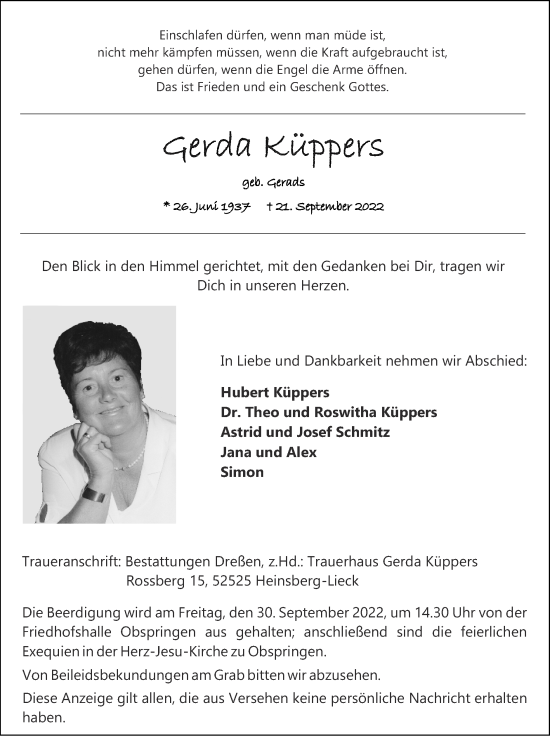Traueranzeige von Gerda Küppers von Zeitung am Sonntag