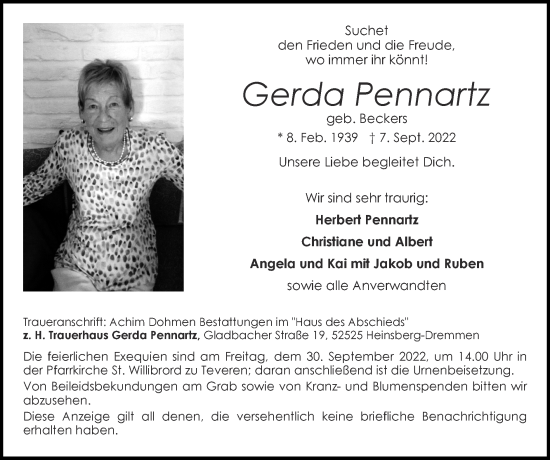 Traueranzeige von Gerda Pennartz von Zeitung am Sonntag