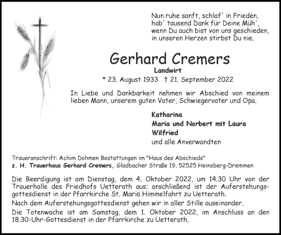 Traueranzeige von Gerhard Cremers von Zeitung am Sonntag