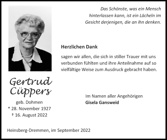 Traueranzeige von Gertrud Cüppers von Zeitung am Sonntag
