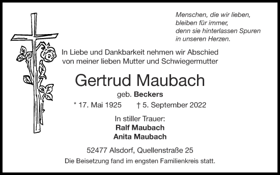 Traueranzeige von Gertrud Maubach von Zeitung am Sonntag