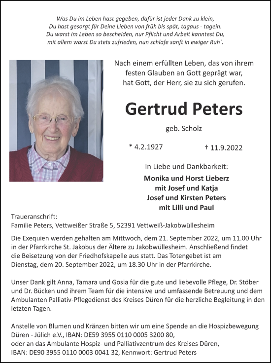 Traueranzeige von Gertrud Peters von Zeitung am Sonntag