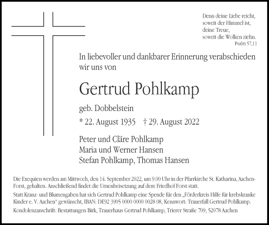 Traueranzeige von Gertrud Pohlkamp von Zeitung am Sonntag