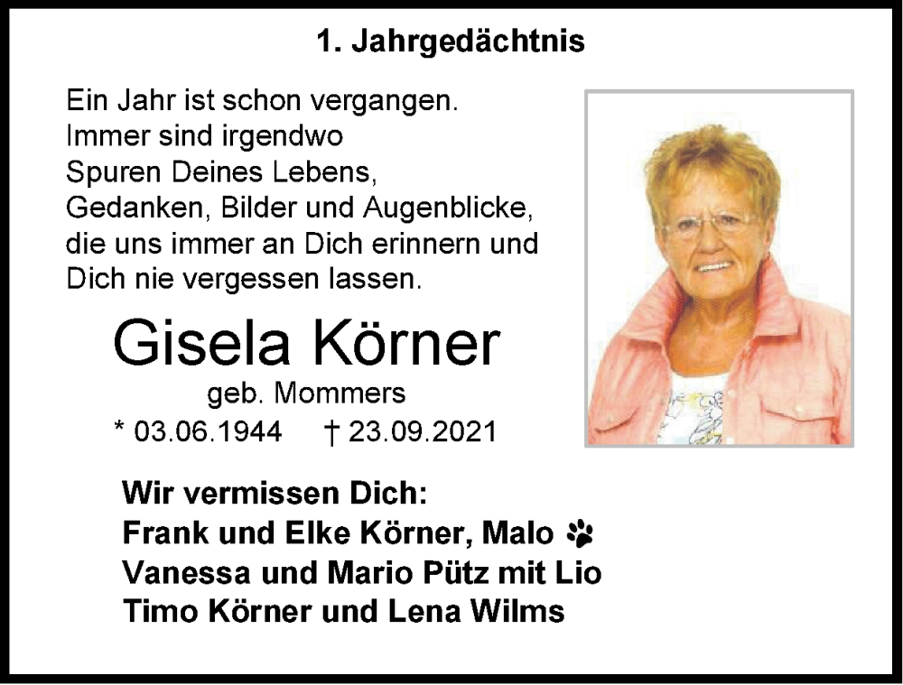  Traueranzeige für Gisela Körner vom 25.09.2022 aus Zeitung am Sonntag