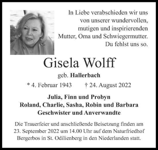 Traueranzeige von Gisela Wolff von Zeitung am Sonntag