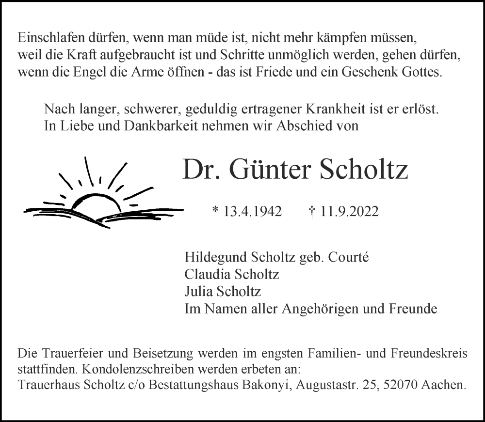  Traueranzeige für Günter Scholtz vom 17.09.2022 aus Aachener Zeitung / Aachener Nachrichten