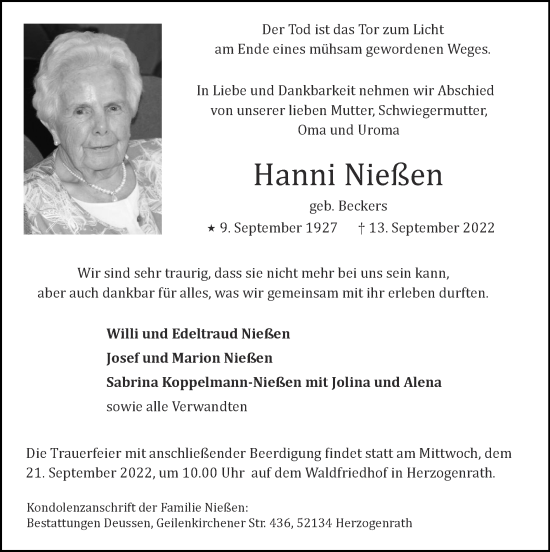 Traueranzeige von Hanni Nießen von Zeitung am Sonntag