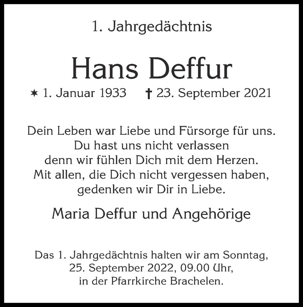  Traueranzeige für Hans Deffur vom 18.09.2022 aus Zeitung am Sonntag