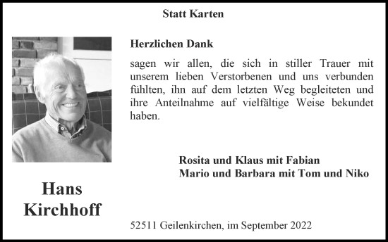 Traueranzeige von Hans Kirchhoff von Zeitung am Sonntag