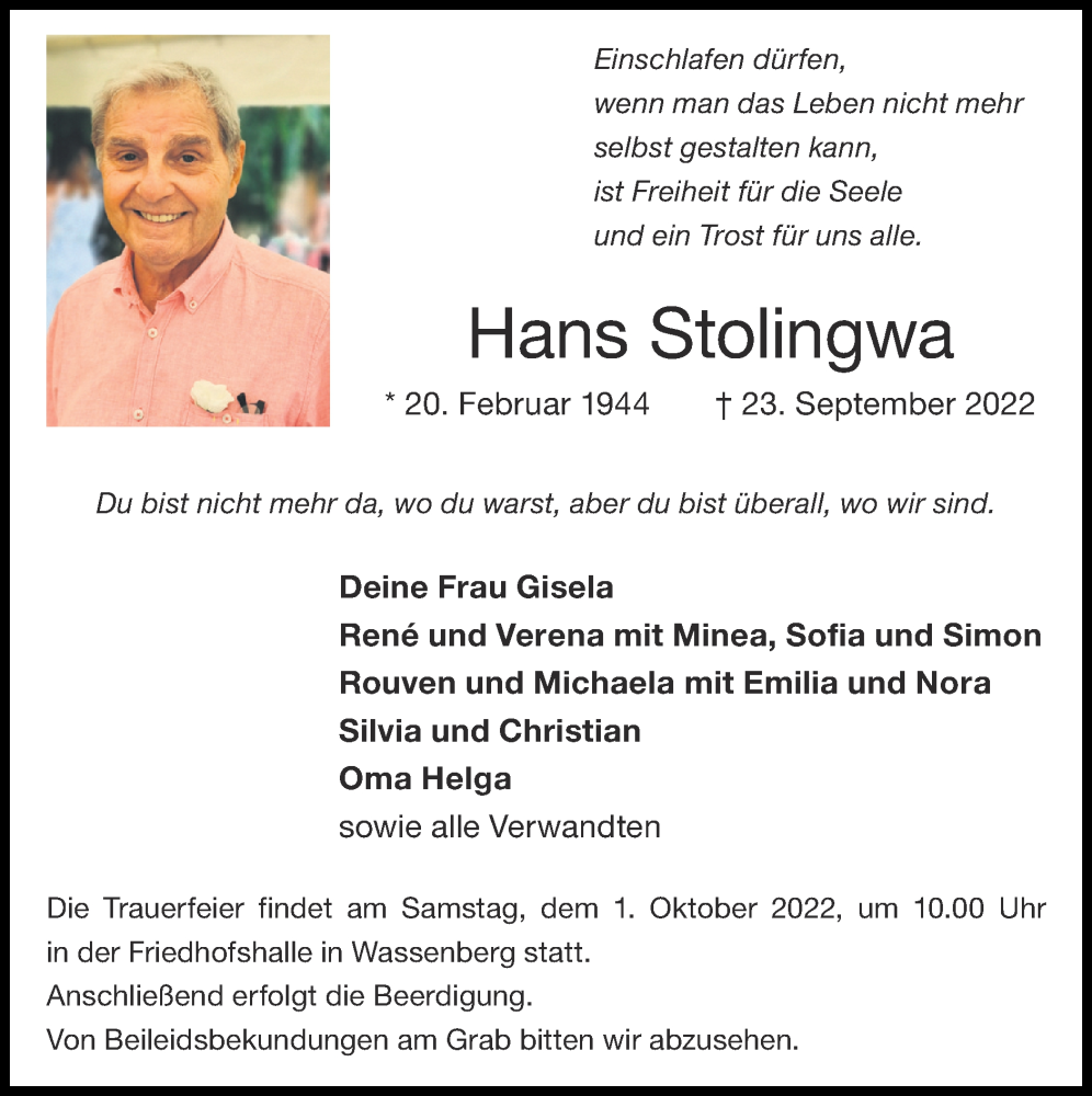  Traueranzeige für Hans Stolingwa vom 25.09.2022 aus Zeitung am Sonntag