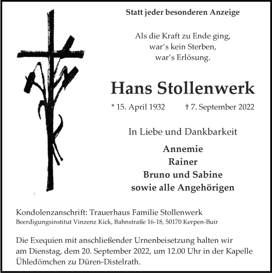 Traueranzeige von Hans Stollenwerk von Zeitung am Sonntag