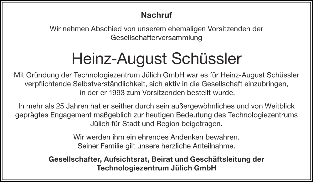  Traueranzeige für Heinz-August Schüssler vom 29.09.2022 aus Aachener Zeitung / Aachener Nachrichten