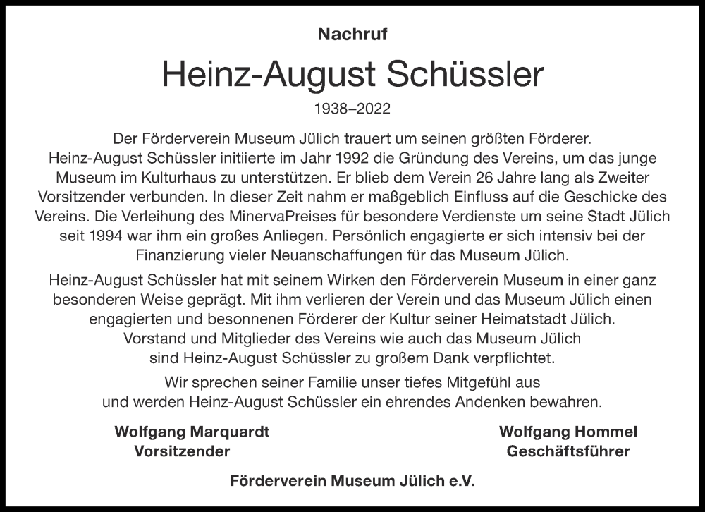  Traueranzeige für Heinz-August Schüssler vom 24.09.2022 aus Aachener Zeitung / Aachener Nachrichten