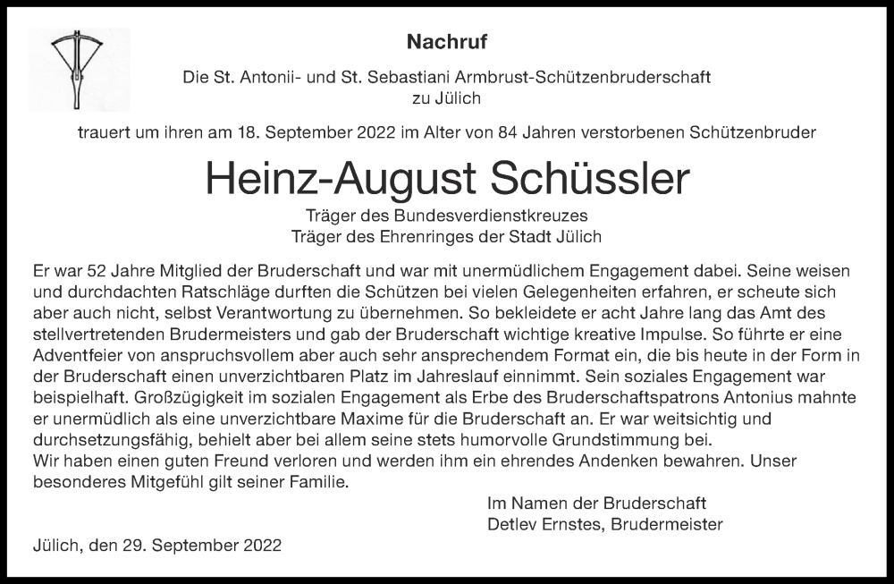  Traueranzeige für Heinz-August Schüssler vom 01.10.2022 aus Aachener Zeitung / Aachener Nachrichten