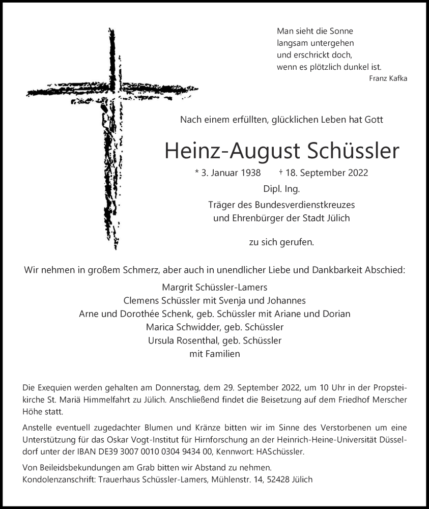  Traueranzeige für Heinz-August Schüssler vom 25.09.2022 aus Zeitung am Sonntag