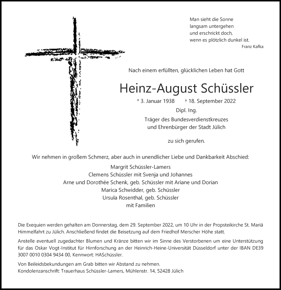  Traueranzeige für Heinz-August Schüssler vom 24.09.2022 aus Aachener Zeitung / Aachener Nachrichten