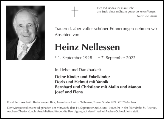 Traueranzeige von Heinz Nellessen von Aachener Zeitung / Aachener Nachrichten