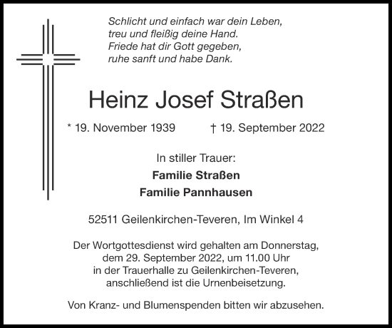 Traueranzeige von Heinz Josef Straßen von Zeitung am Sonntag