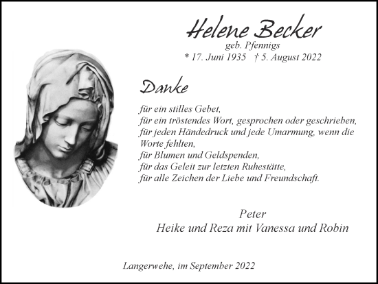 Traueranzeige von Helene Becker von Zeitung am Sonntag