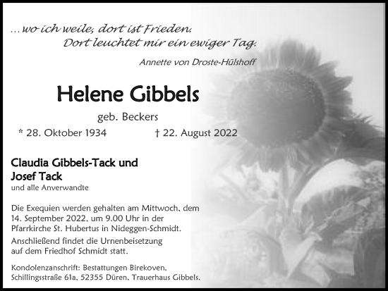 Traueranzeige von Helene Gibbels von Zeitung am Sonntag