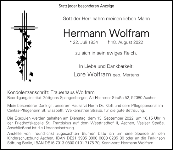 Traueranzeige von Hermann Wolfram von Aachener Zeitung / Aachener Nachrichten