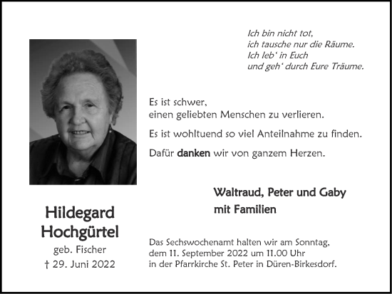 Traueranzeige von Hildegard Hochgürtel von Zeitung am Sonntag