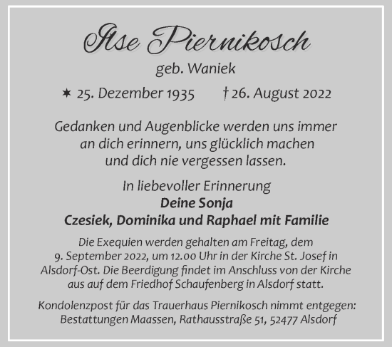 Traueranzeige von Ilse Piernikosch von Zeitung am Sonntag