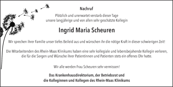 Traueranzeige von Ingrid Maria Scheuren von Aachener Zeitung / Aachener Nachrichten