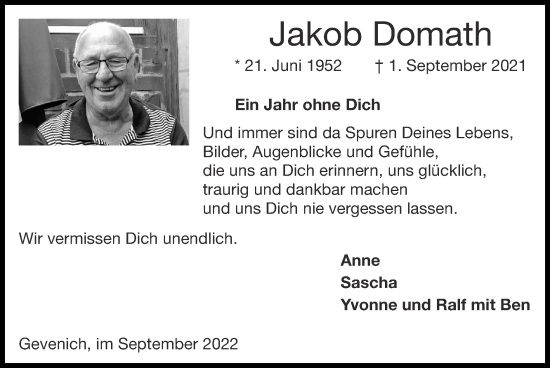 Traueranzeige von Jakob Domath von Zeitung am Sonntag