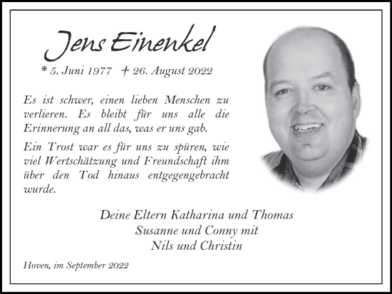 Traueranzeige von Jens Einenkel von Zeitung am Sonntag