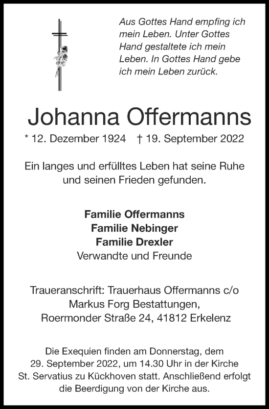 Traueranzeige von Johanna Offermanns von Zeitung am Sonntag