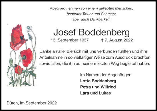 Traueranzeige von Josef Boddenberg von Zeitung am Sonntag
