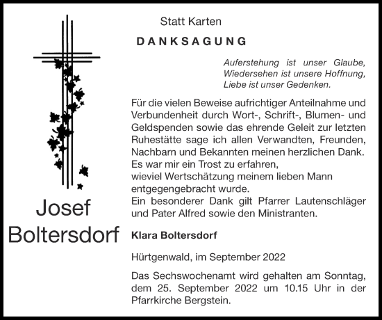 Traueranzeige von Josef Boltersdorf von Zeitung am Sonntag