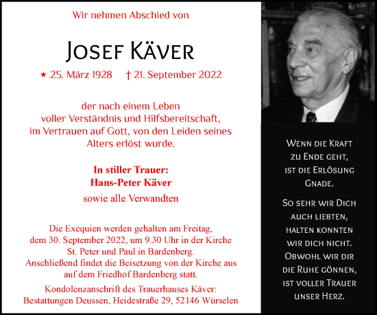 Traueranzeige von Josef Käver von Zeitung am Sonntag